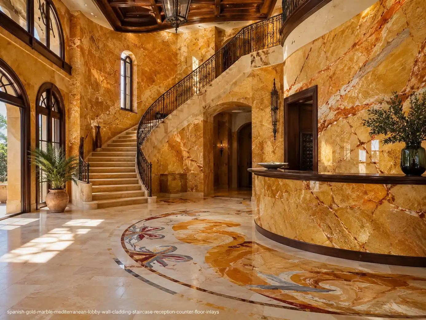 Sunlit Mediterranean architectural slab across lobby walls, staircase, reception counter and floor inlays with golden warmth.