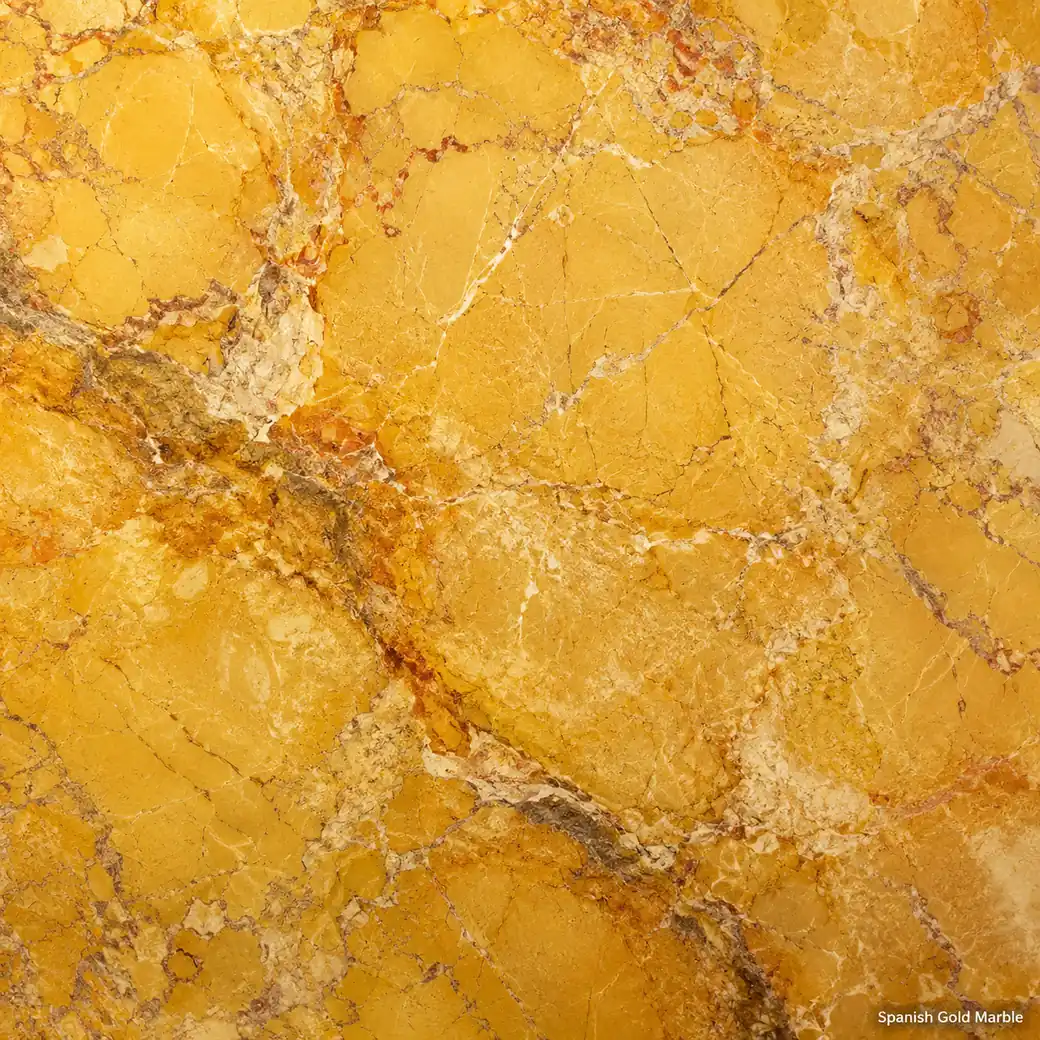 Spanish Gold Marble with radiant golden yellow stone, orange veins, cream calcite and a luminous polished mineral finish.