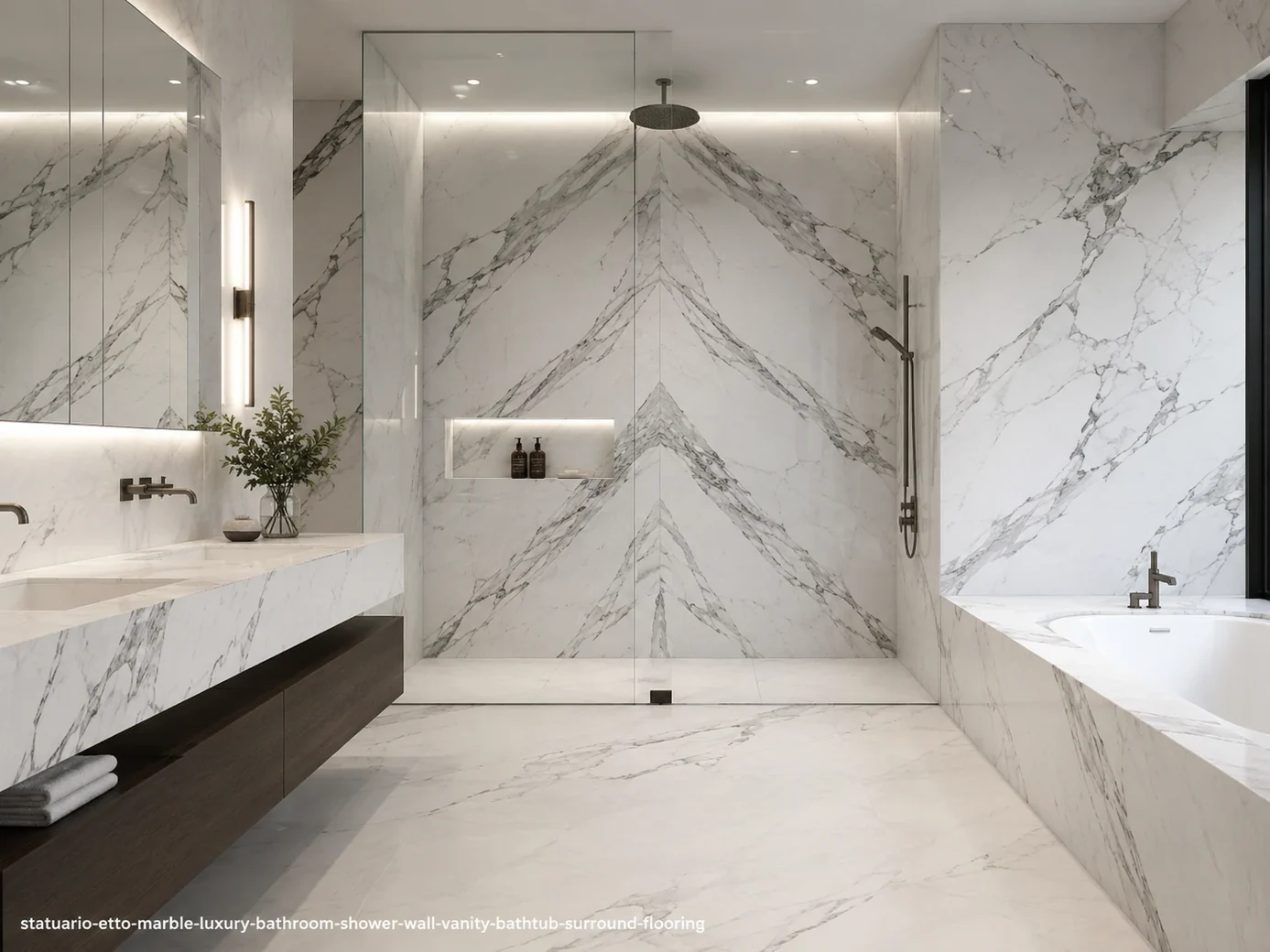 Polished contemporary architectural slab across shower wall, floating vanity, tub surround and flooring with silver veins.