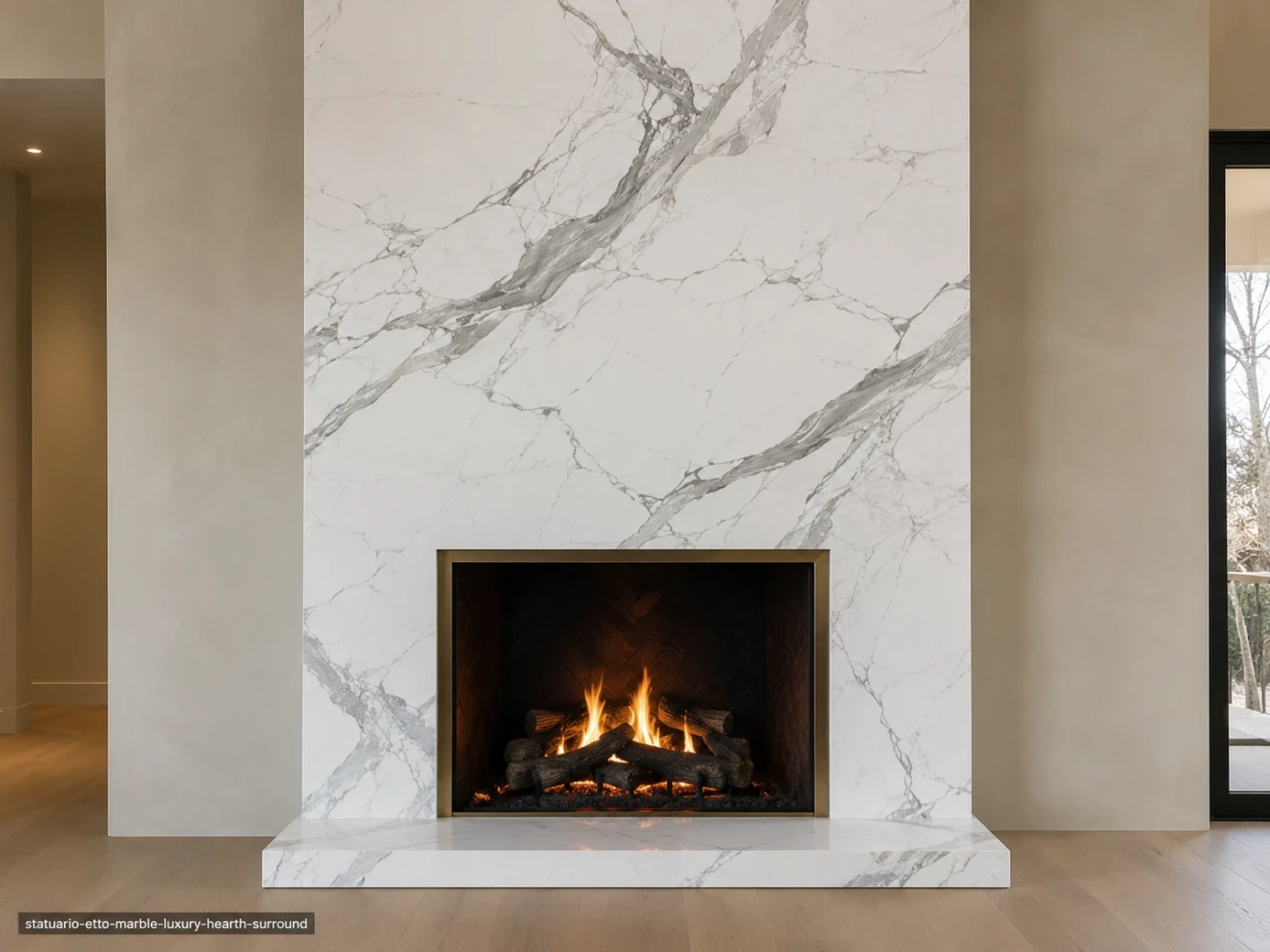 Statuario Etto Marble hearth surround with radiant white stone and elongated silver-grey brushstroke veins.