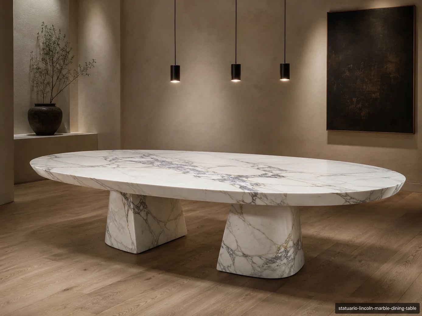 Statuario Lincoln Marble dining table with crystalline white stone, silver-grey veins and sculptural pedestals.