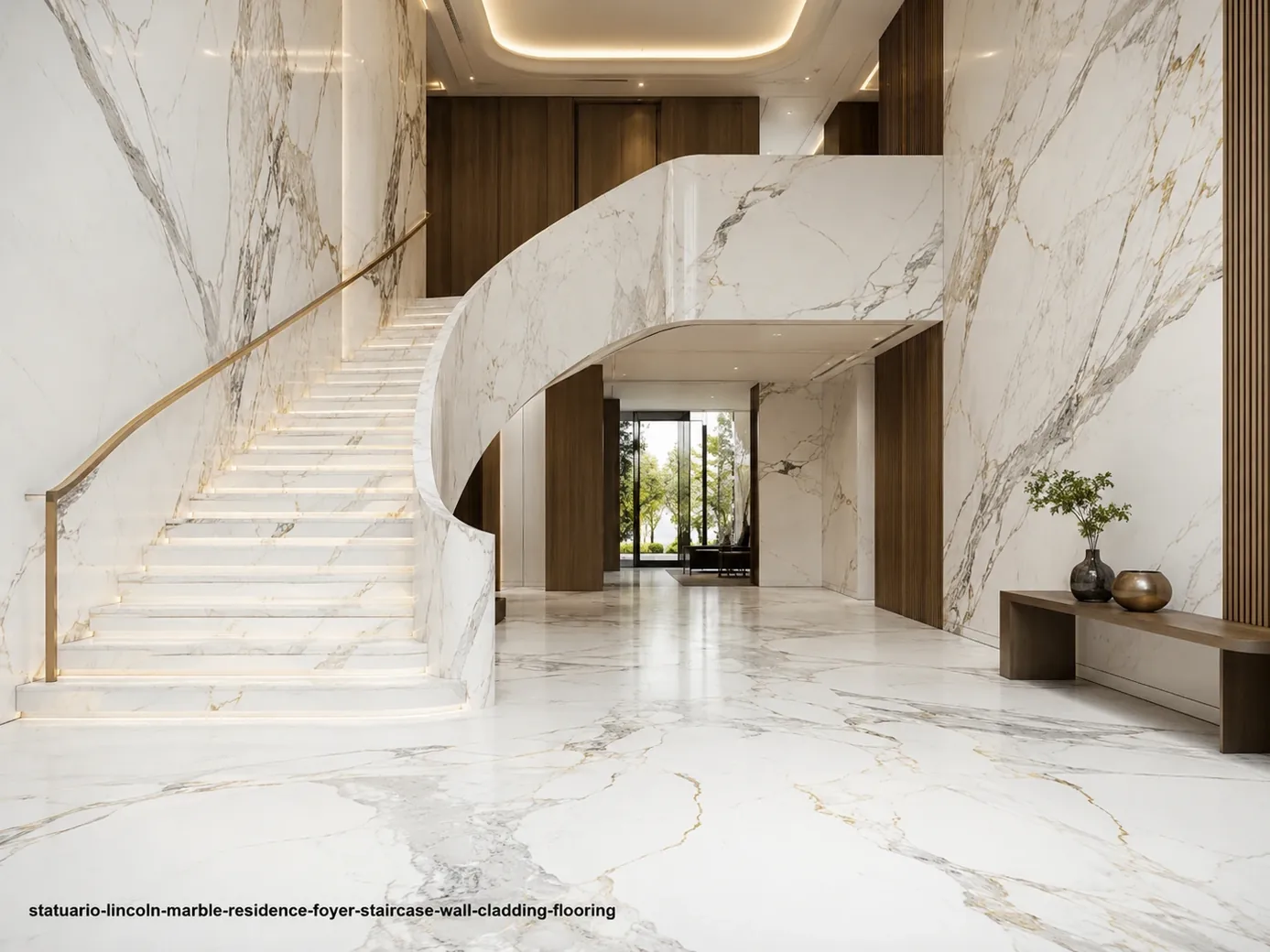Polished monumental architectural slab across foyer stairs, wall cladding and flooring with luminous white and grey veins.