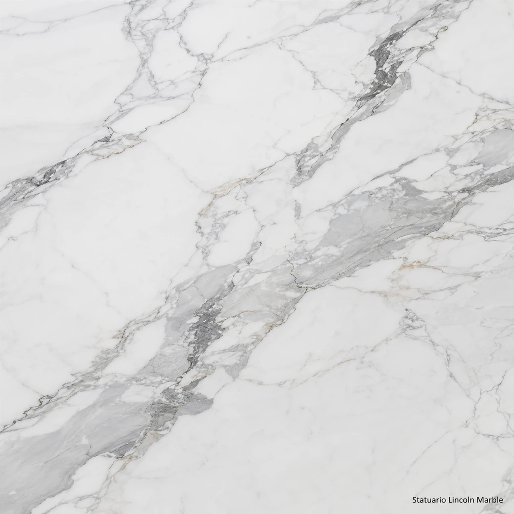 Statuario Lincoln Marble with bright American white stone, silver-grey veins, charcoal accents and luminous polished depth.
