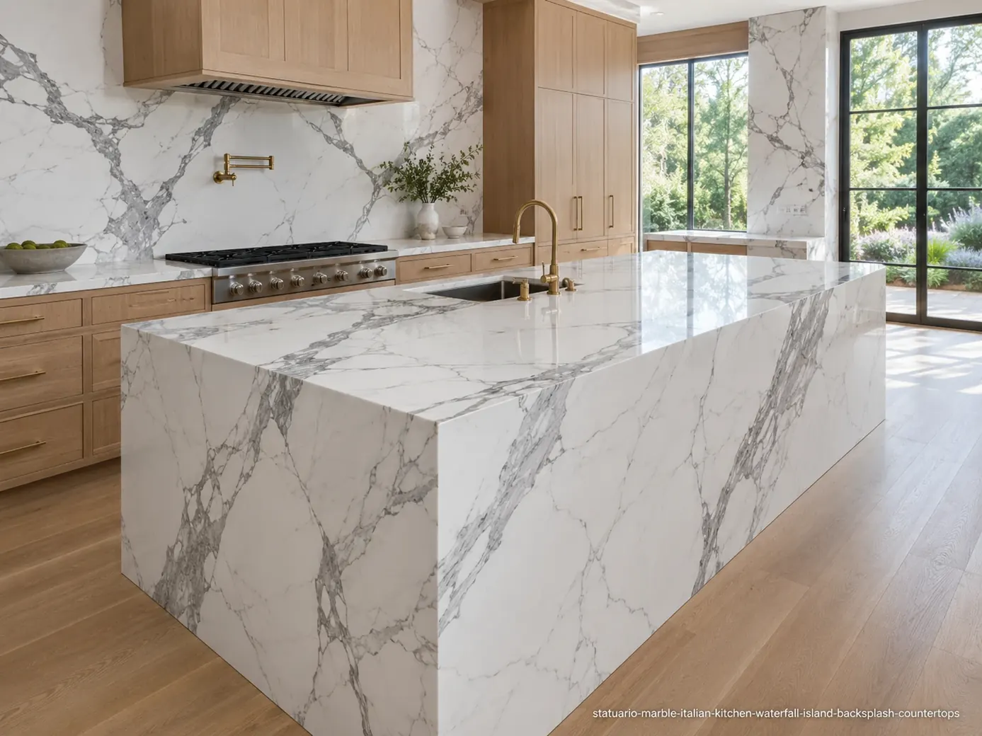 Prestigious Italian architectural slab on a waterfall kitchen island, bookmatched backsplash and counters with grey veins.