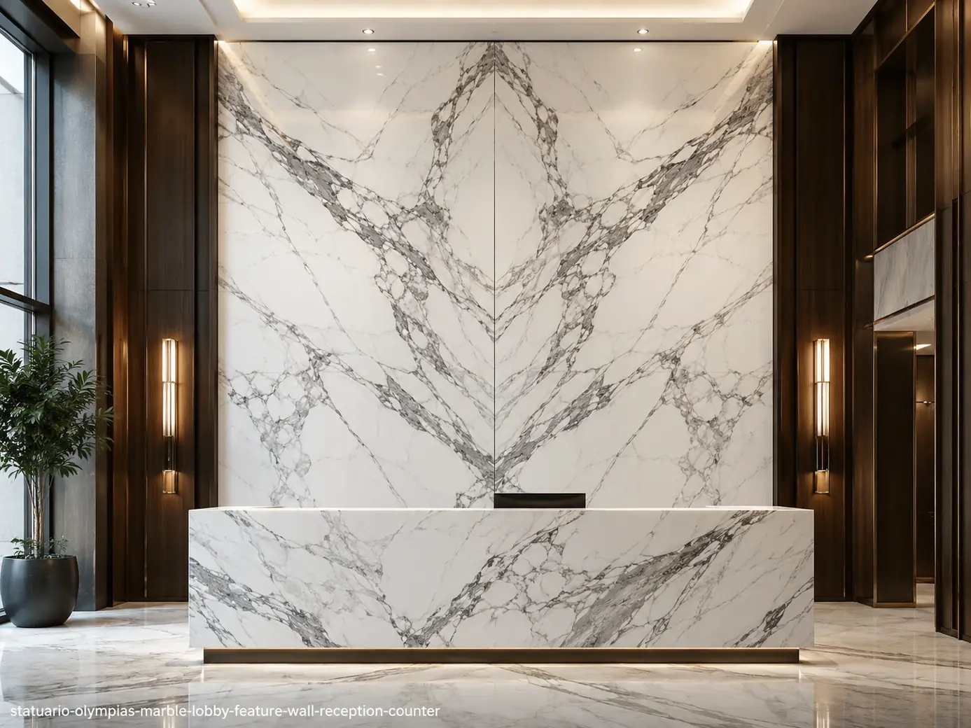 Polished classical architectural slab on a bookmatched lobby wall and reception counter with white, graphite and taupe bands.