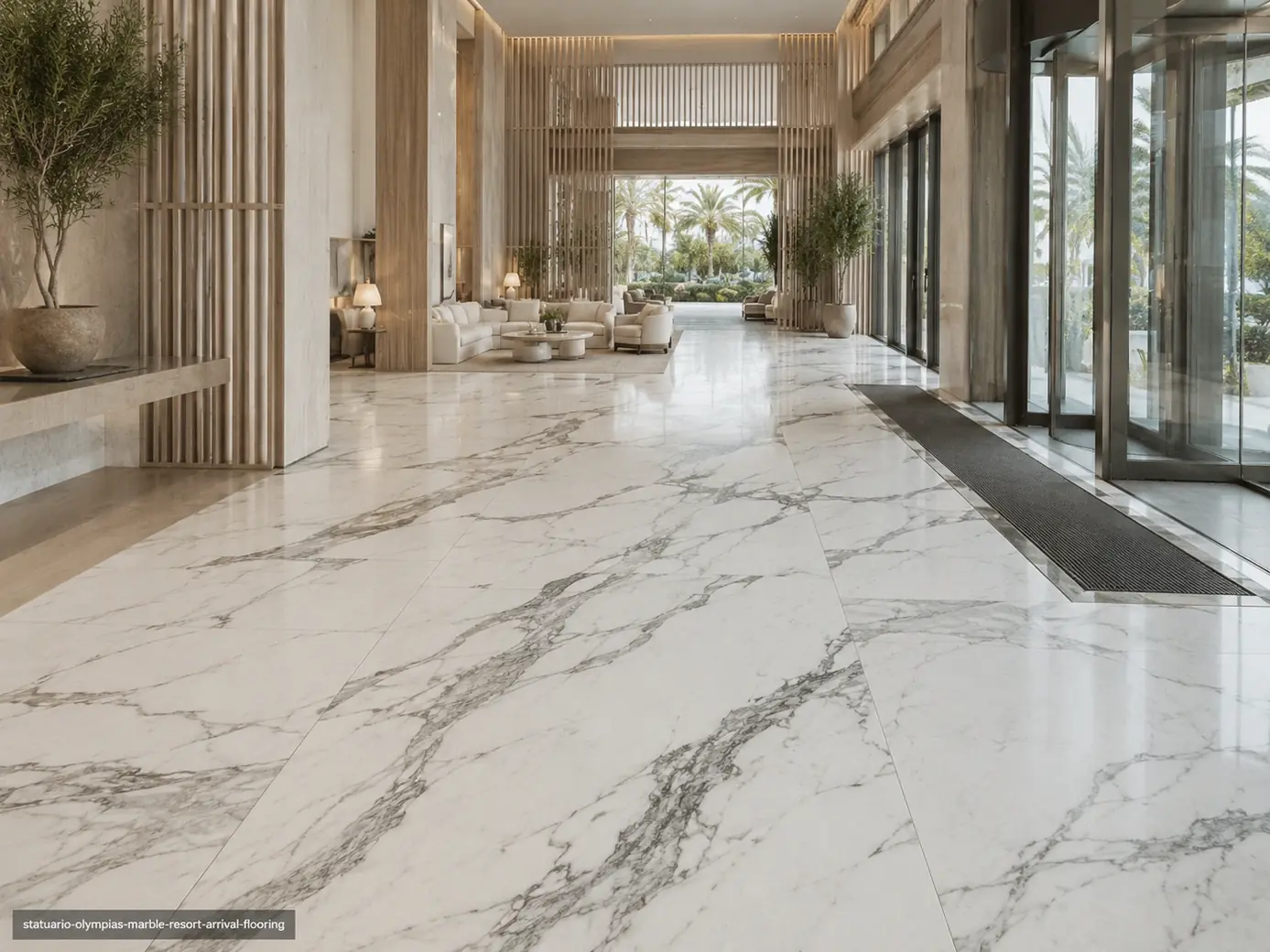 Statuario Olympias Marble arrival floor with honed white slabs and directional silver-grey and graphite ribbons.