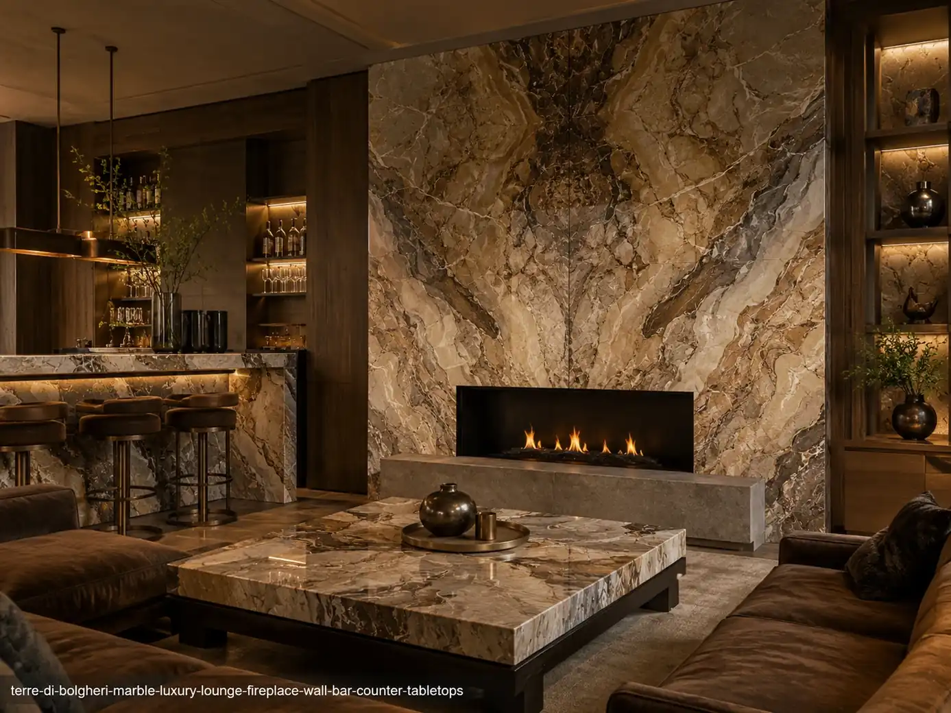 Polished vineyard inspired architectural slab on a lounge fireplace wall, bar counter and tables with layered brown contours.