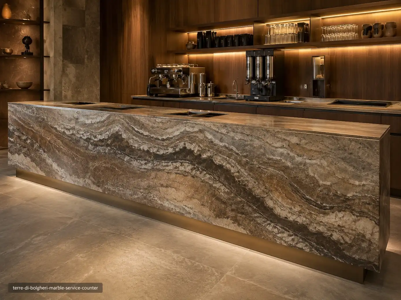 Terre Di Bolgheri Marble service counter with layered brown, taupe, cream and grey topographic contours.