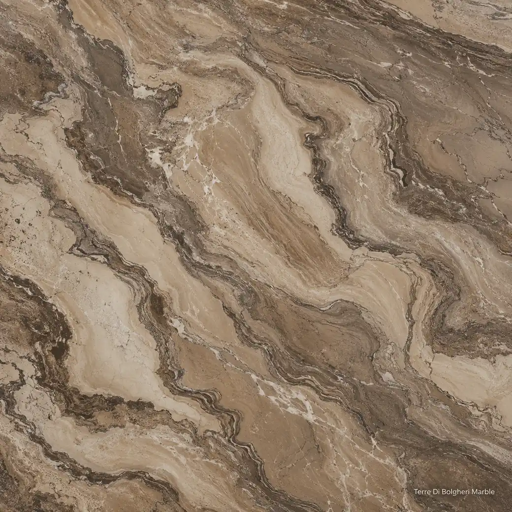 Terre Di Bolgheri Marble with rich Tuscan earth stone, taupe folds, rich cream contours and a warm polished mineral surface.