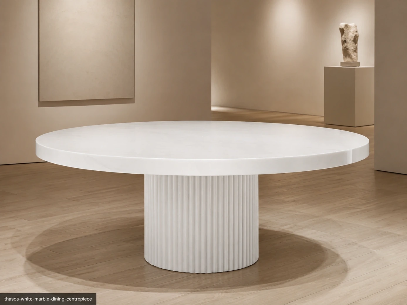 Thasos White Marble dining table with pure snow-white crystalline stone and a fluted cylindrical pedestal.