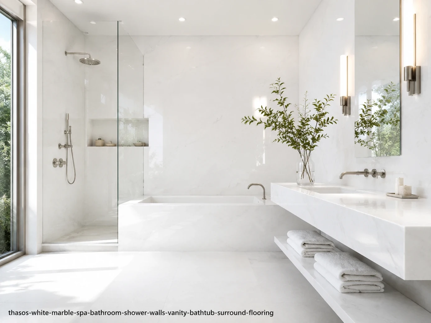 Polished luminous architectural slab across spa shower walls, vanity, bathtub surround and flooring with crystalline white.