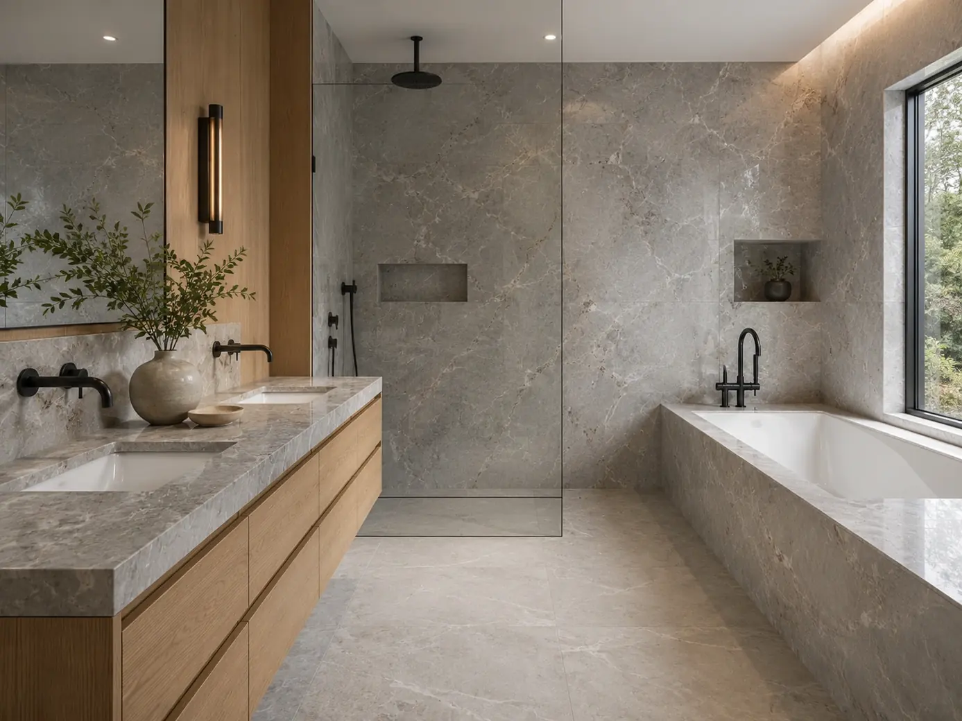 Polished understated architectural slab across vanity, shower walls, bathtub surround and floor with warm grey mottling.