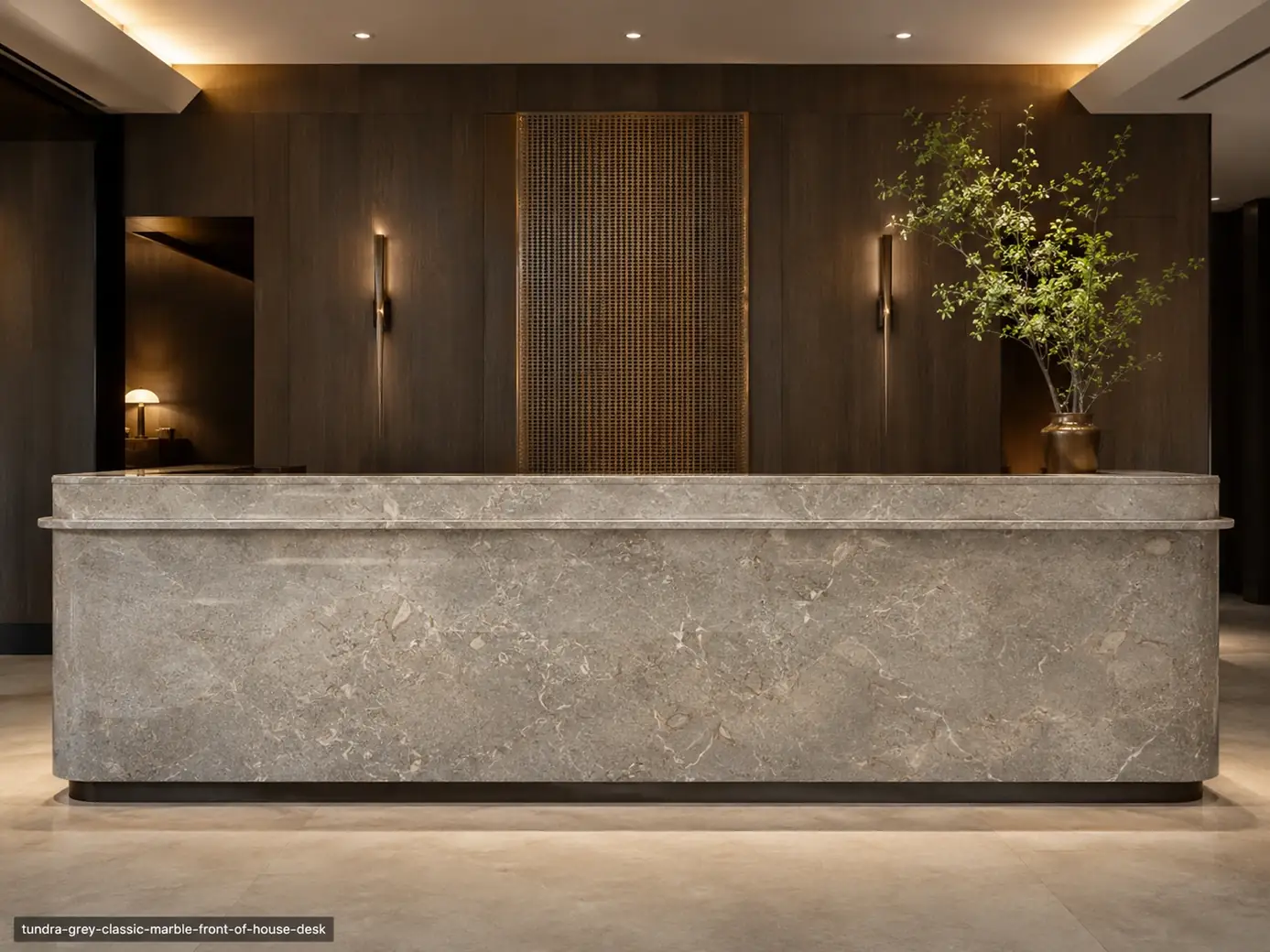 Tundra Grey Classic Marble desk with warm grey stone, fine white veins and subtle fossil-like details.