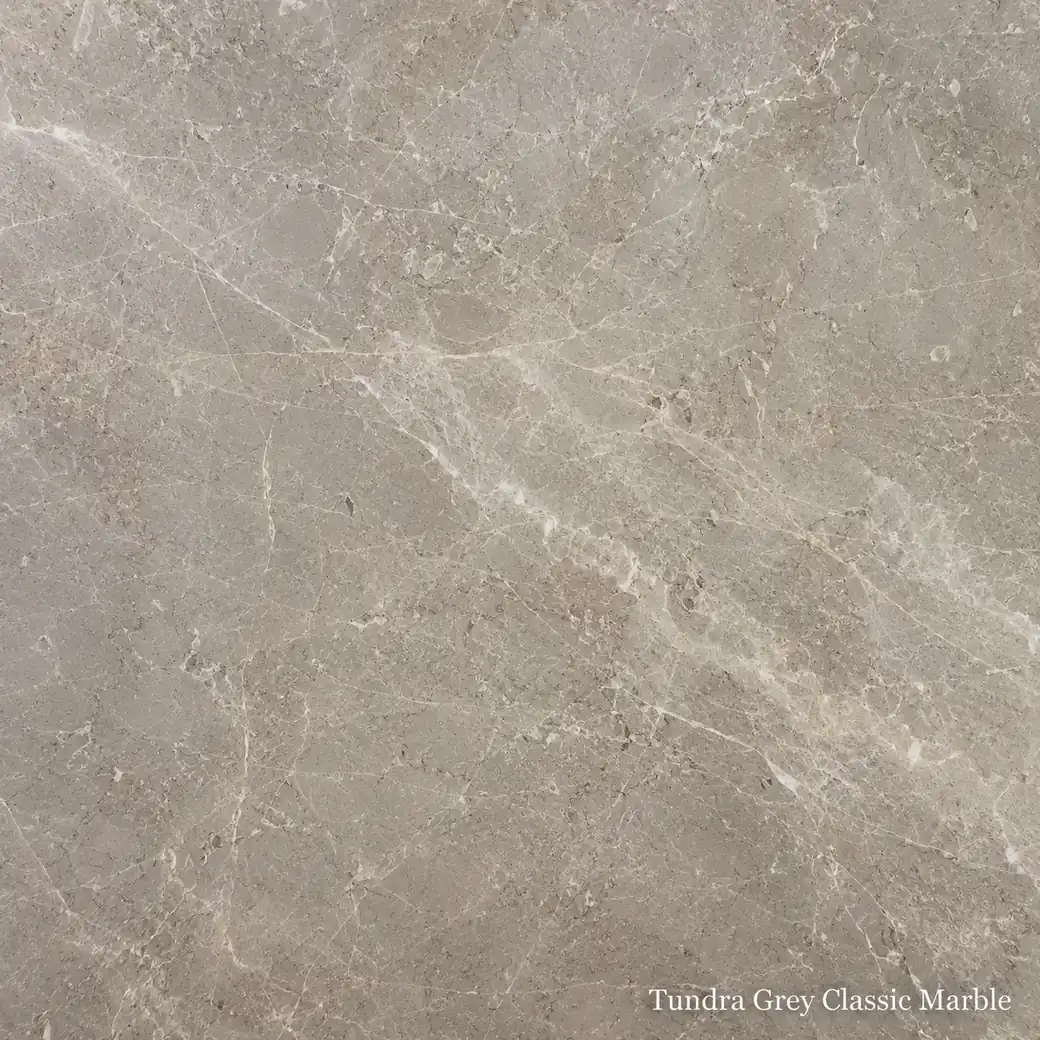 Tundra Grey Classic Marble with classic cool grey stone, cream clouding, fine calcite lines and a subtle polished finish.