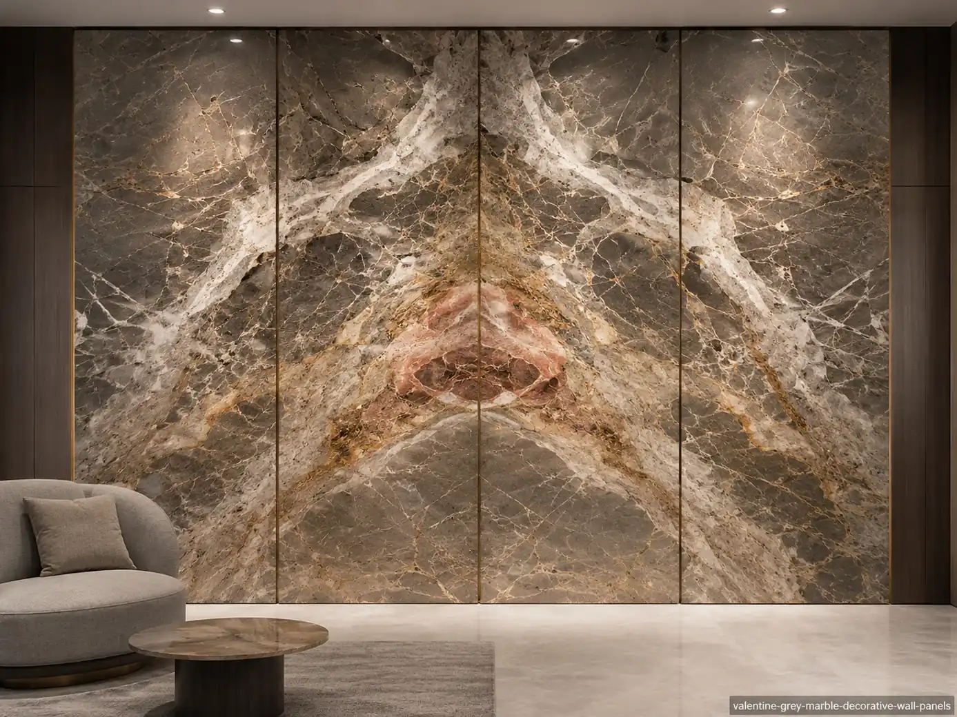Valentine Grey Marble wall panels with grey-taupe stone, cream ribbons and copper, gold and salmon accents.