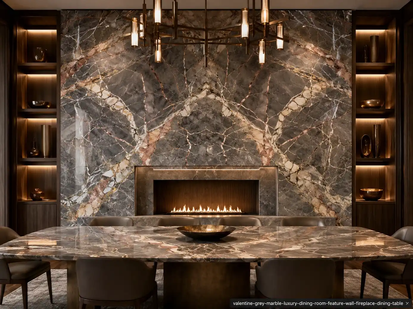 Polished elegant architectural slab on a dining wall, fireplace and table with charcoal taupe, copper and cream ribbons.