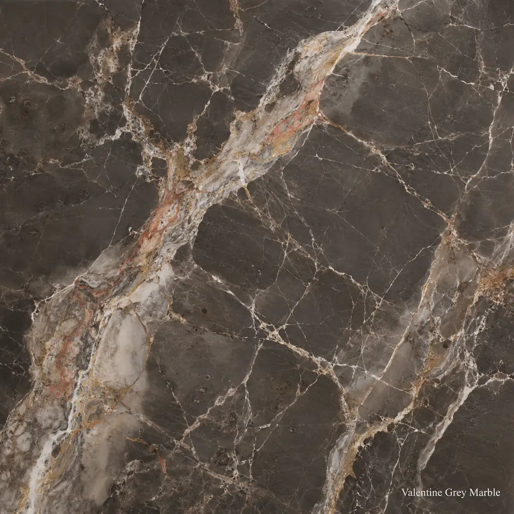 Valentine Grey Marble with romantic soft grey stone, white ribbons, muted gold and salmon accents in a rich polished finish.