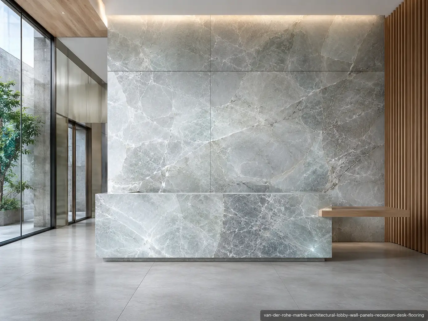 Polished minimalist luxury slab across lobby wall panels, reception desk and flooring with blue-grey crystalline textures.
