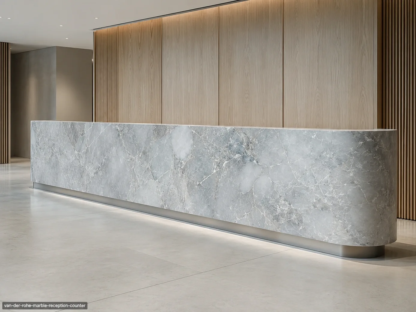 Van Der Rohe Marble reception counter with icy blue-grey stone, translucent clouds and fine white fractures.
