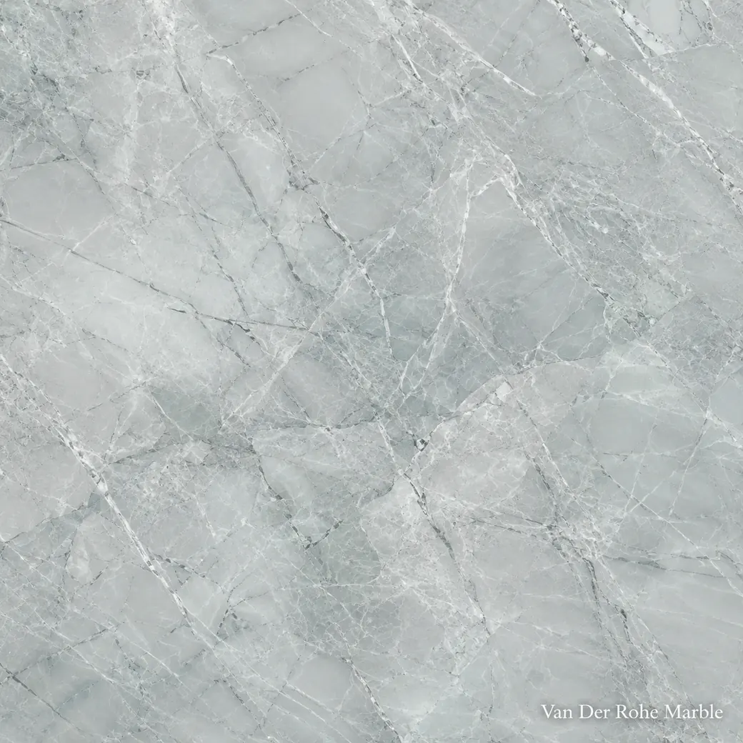 Van Der Rohe Marble with modernist architectural stone, icy grey planes, soft fine fractures and a refined polished surface.