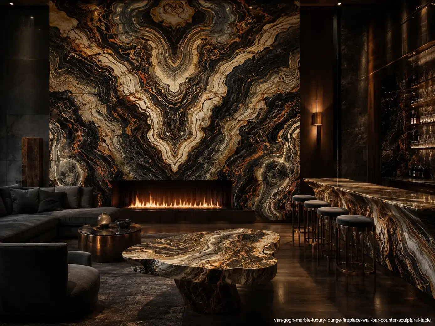 Dramatic artistic architectural slab on a lounge fireplace wall, bar counter and table with black, amber and caramel waves.