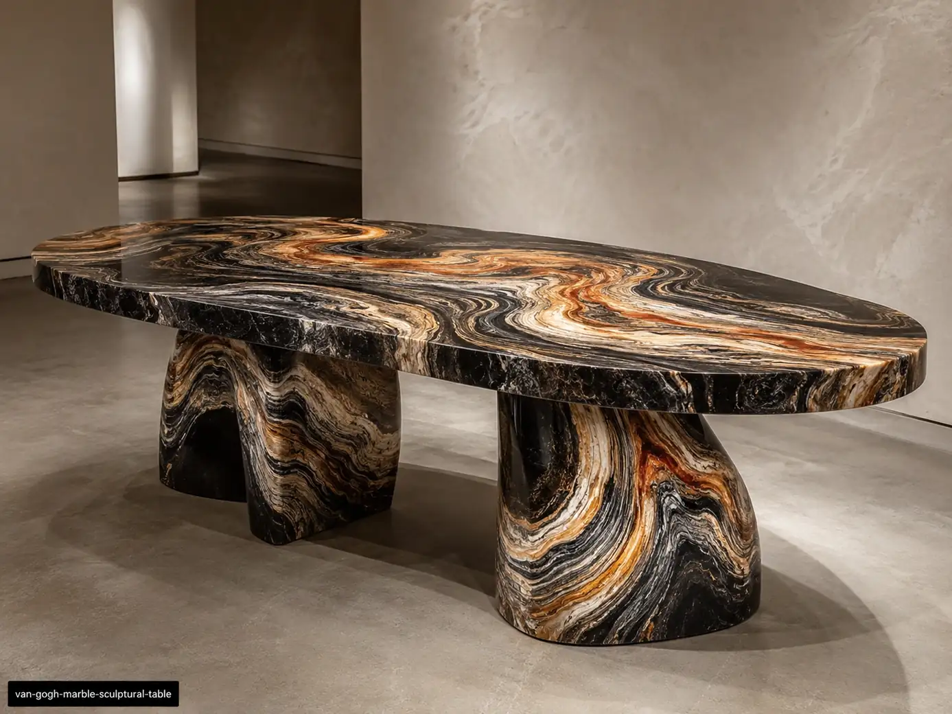 Van Gogh Marble sculptural table with black, amber, caramel and cream bands in dramatic painterly folds.