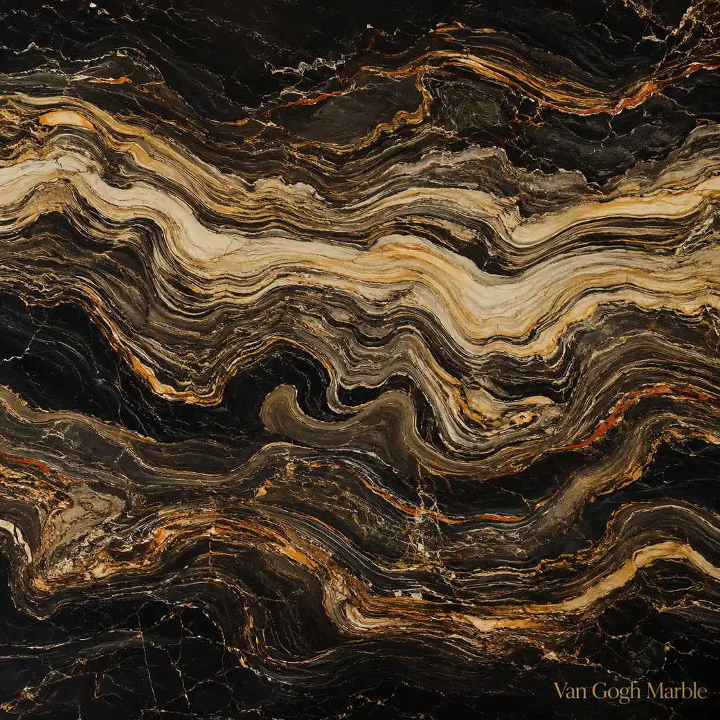 Van Gogh Marble with painterly multicolor stone, cream ribbons, caramel folds, orange threads and polished mineral depth.