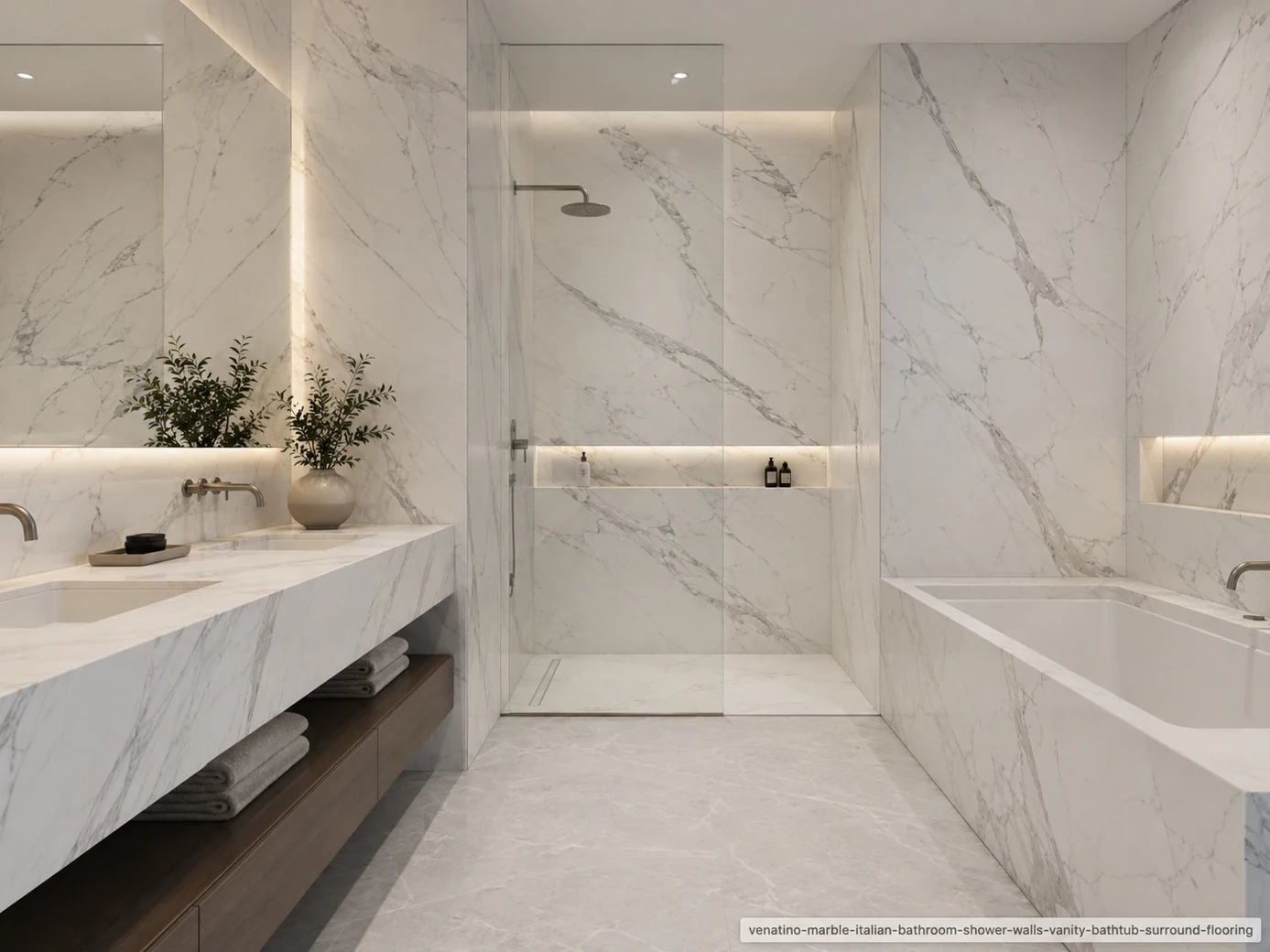 Polished elegant architectural slab across shower walls, vanity, tub surround and flooring with white and fine silver veins.