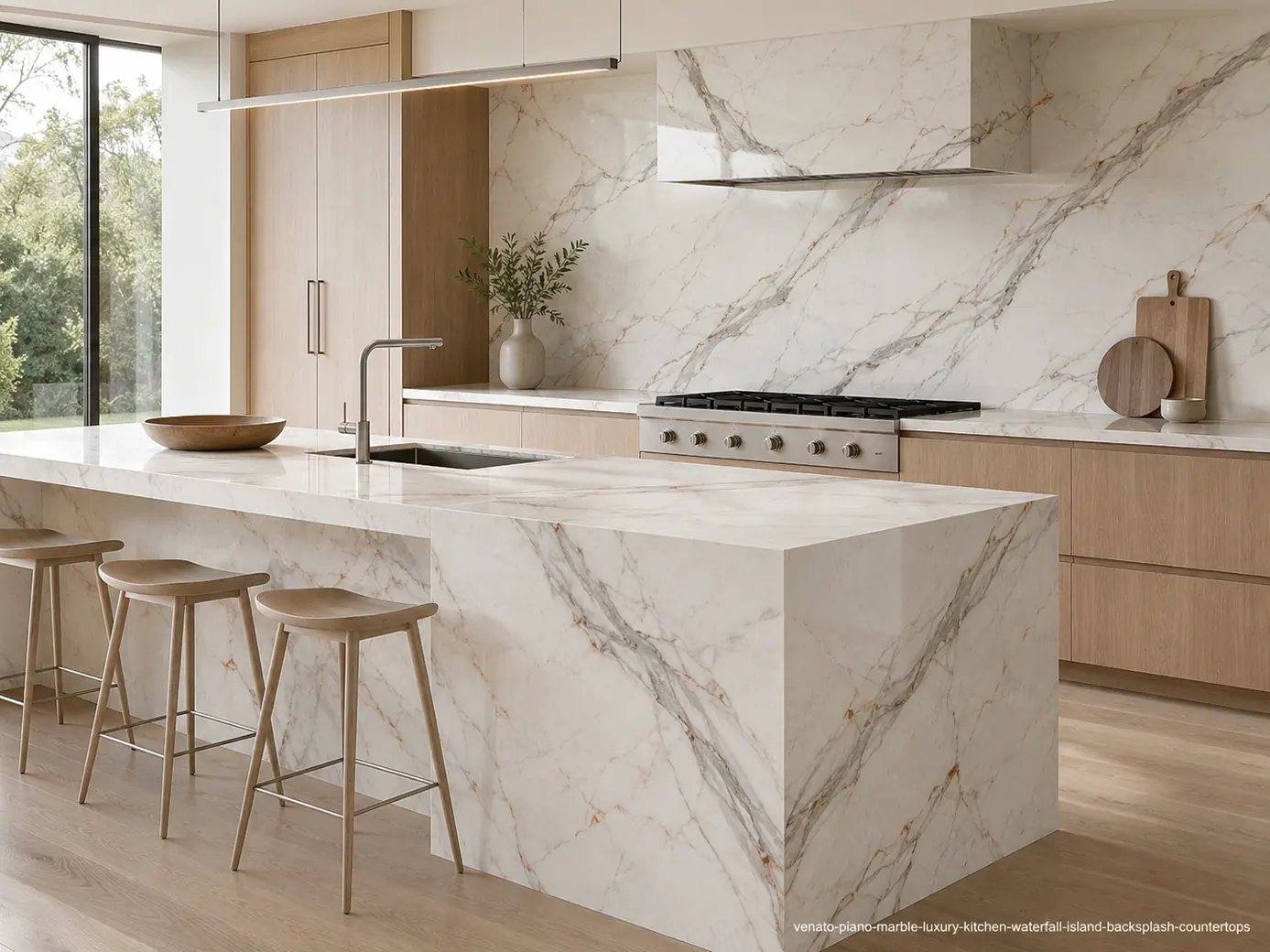 Polished minimalist architectural slab on a waterfall kitchen island, backsplash and tops with pearly white and taupe lines.