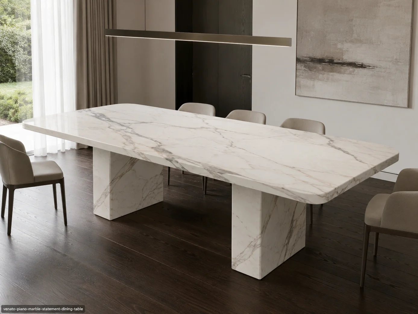 Venato Piano Marble dining table with crystalline white stone and spacious grey, taupe and blush-brown veins.