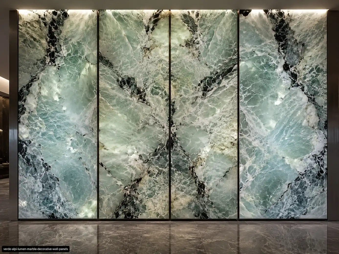 Verde Alpi Lumen Marble wall panels with aqua, mint and jade formations divided by black mineral channels.