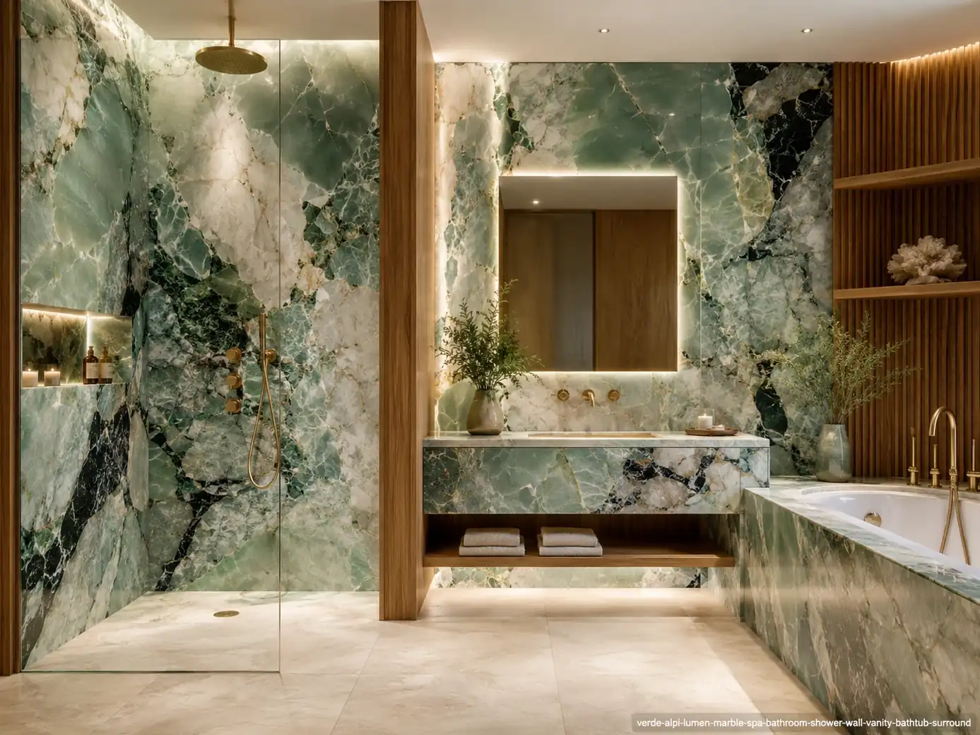 Polished jewel toned architectural slab on a shower wall, vanity and bathtub surround with mint, jade and white formations.