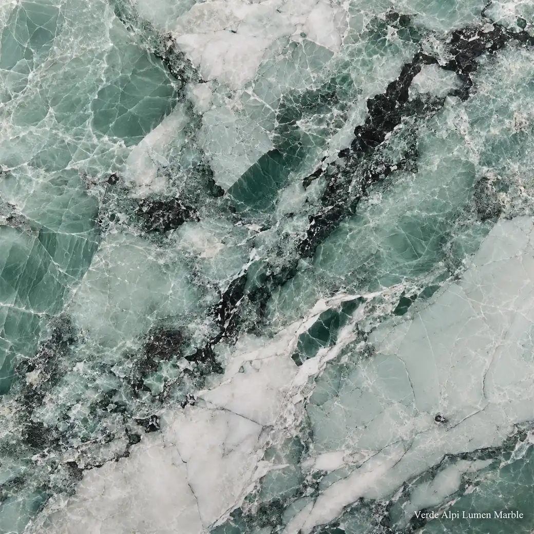 Verde Alpi Lumen Marble with luminous alpine green stone, mint crystals, white calcite and a rich polished mineral depth.