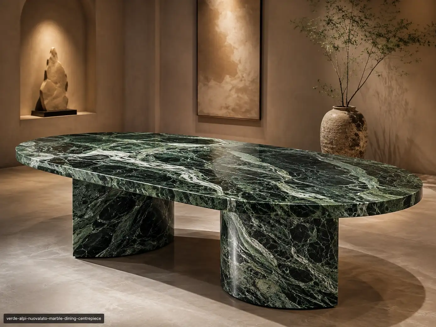 Verde Alpi Nuovalato Marble dining table with emerald stone, white calcite waves and dark mineral islands.