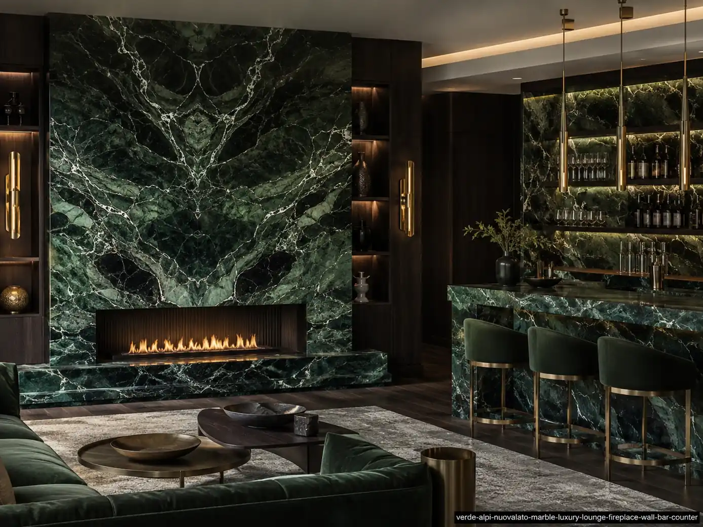 Polished atmospheric architectural slab on a lounge fireplace wall and bar counter with emerald waves and pale contour veins.