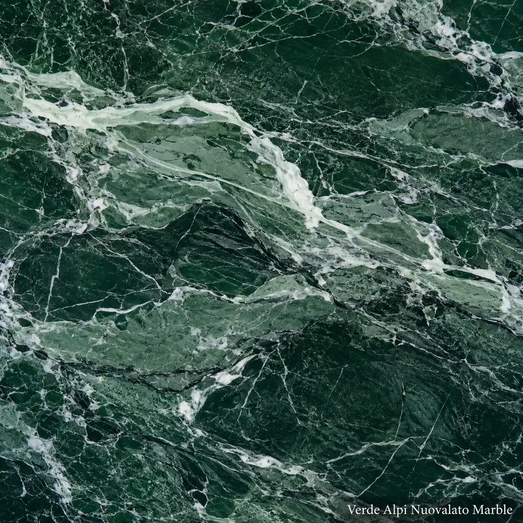 Verde Alpi Nuovalato Marble with cloudy alpine green stone, white ribbons, emerald contours and rich polished mineral depth.