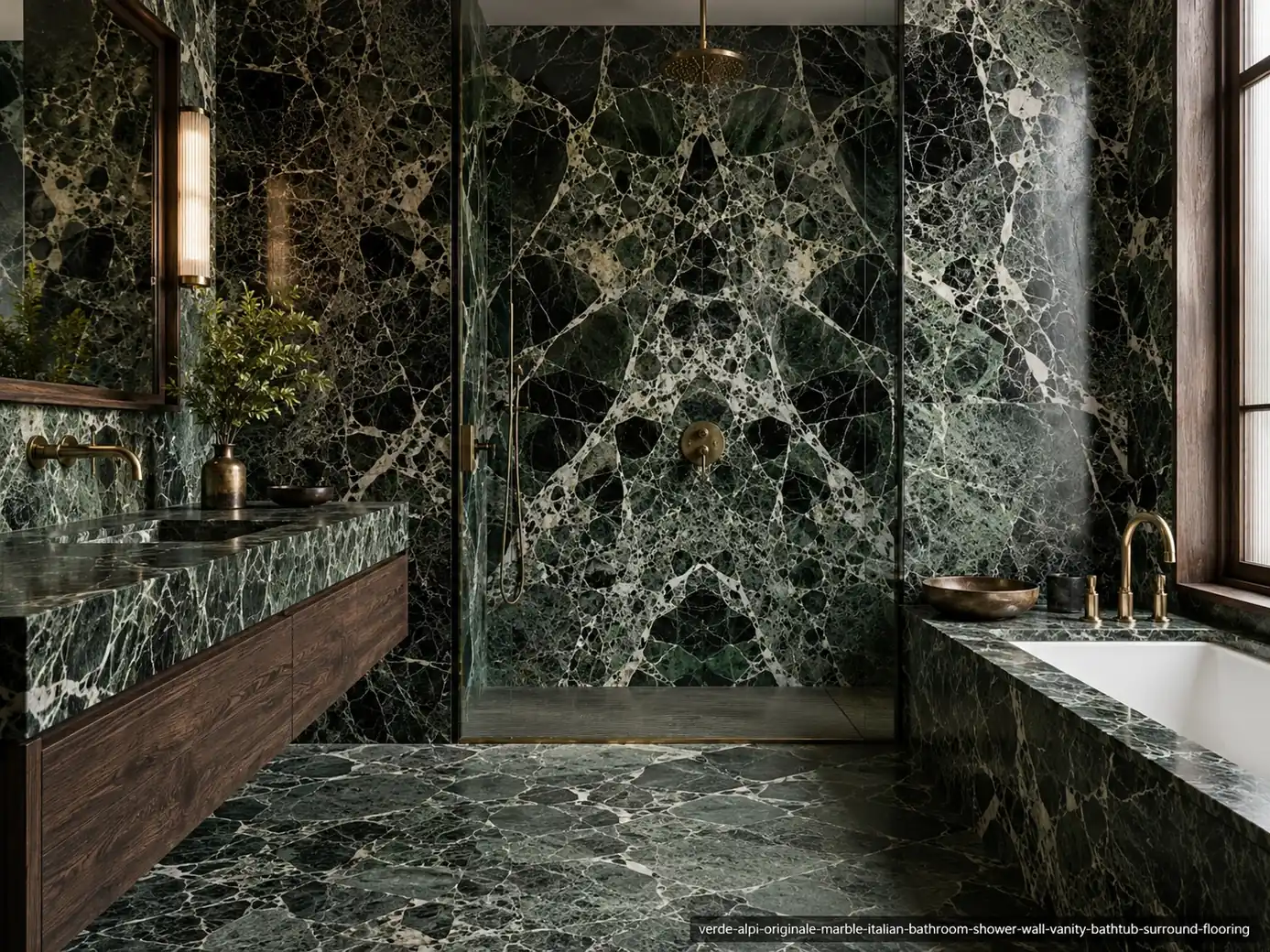 Polished classic architectural slab across shower wall, vanity, tub surround and flooring with forest-green brecciated veins.