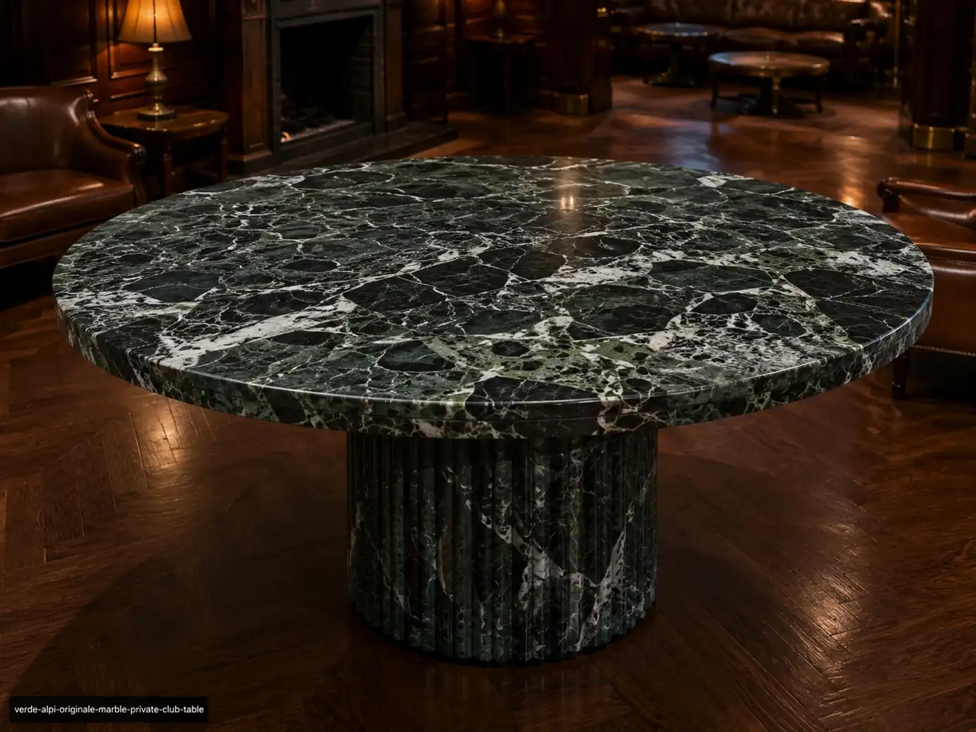Verde Alpi Originale Marble club table with forest-green breccia, white calcite and a fluted pedestal.