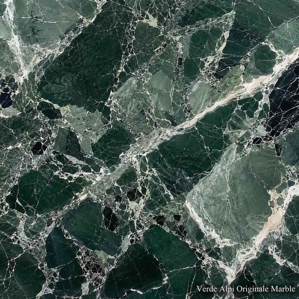 Verde Alpi Originale Marble with authentic deep alpine green stone, white fractures and a deep jewel-like polished depth.