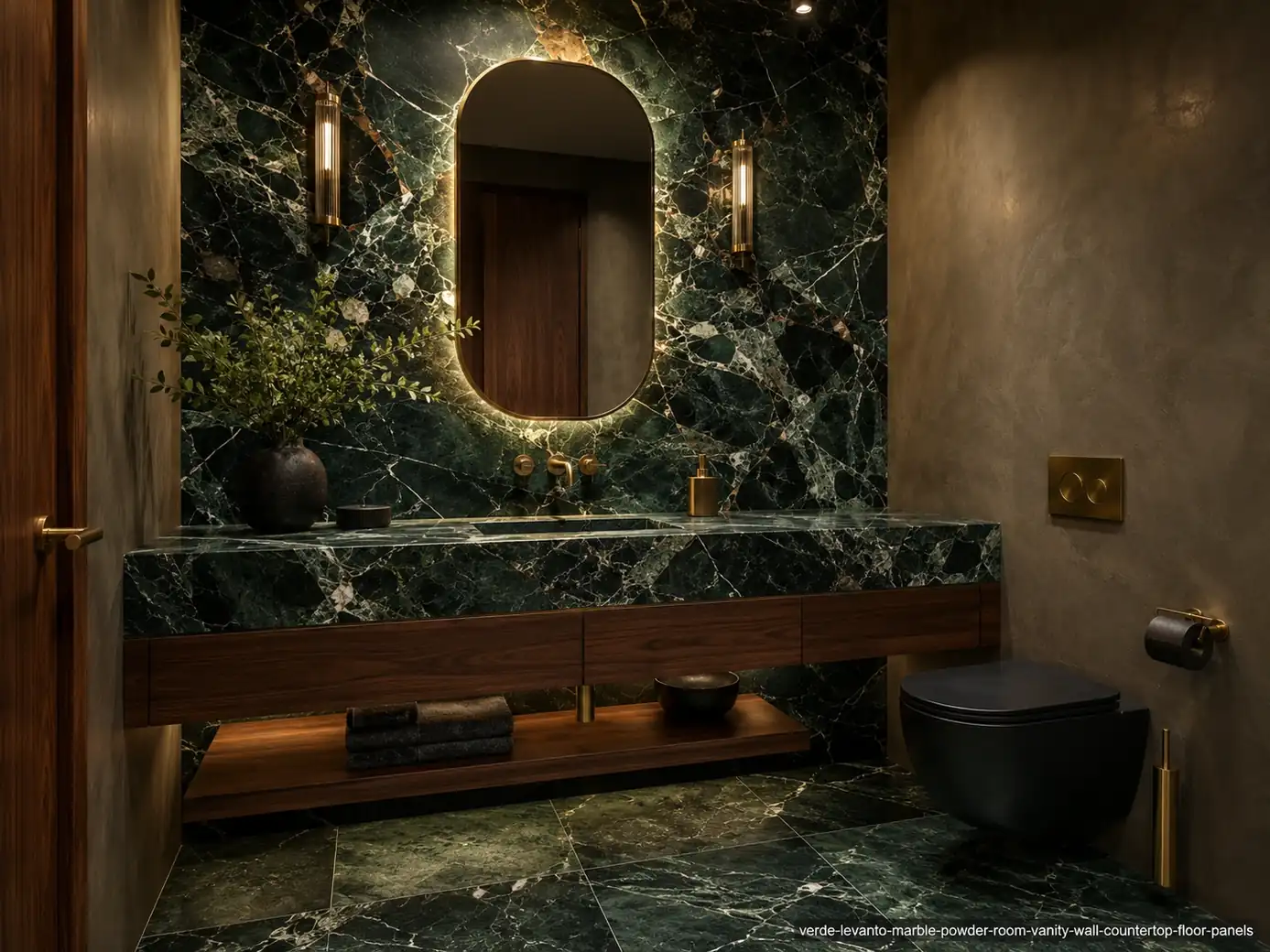 Polished Mediterranean architectural slab on a powder room vanity wall, counter and floor panels with green-white contrast.
