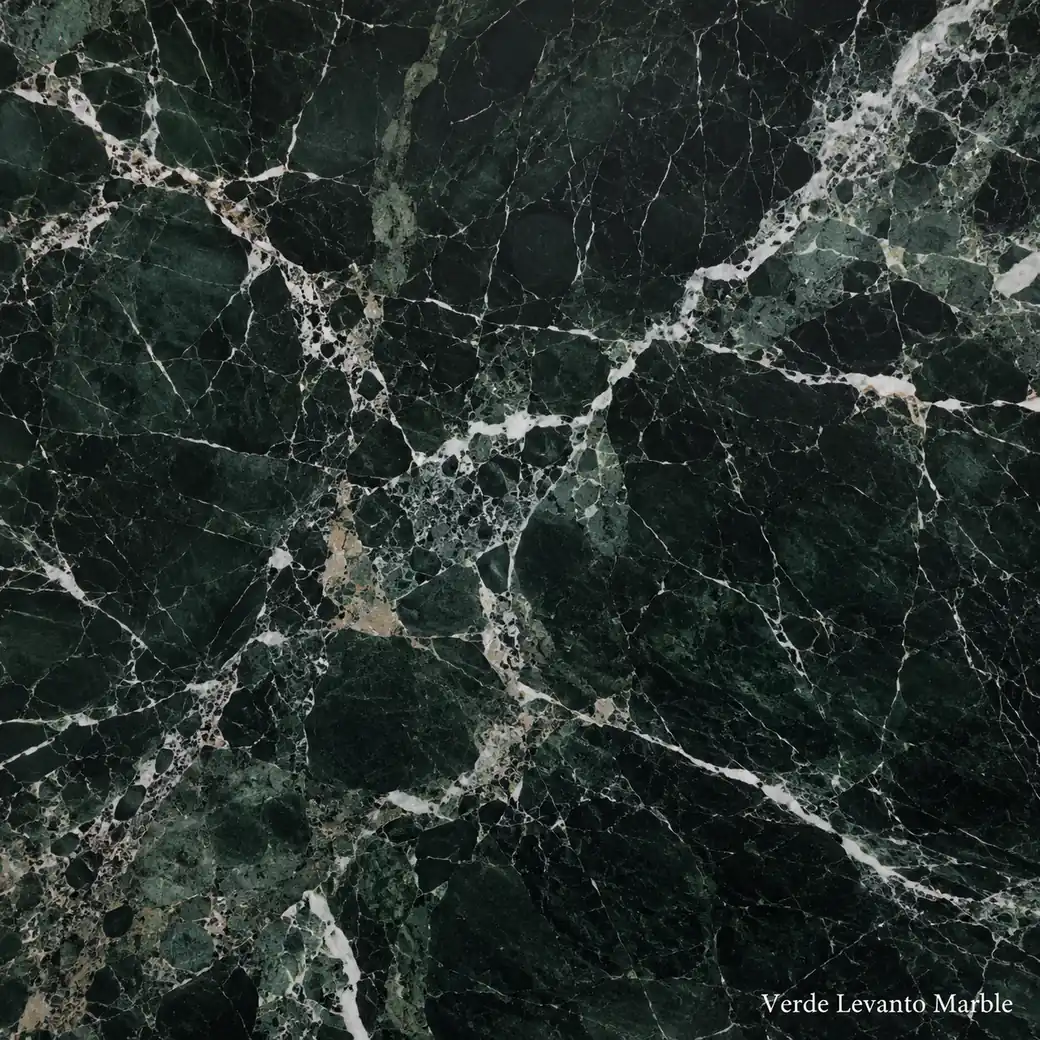 Verde Levanto Marble with deep petroleum green stone, white calcite seams, dark clouds and a rich glossy polished finish.