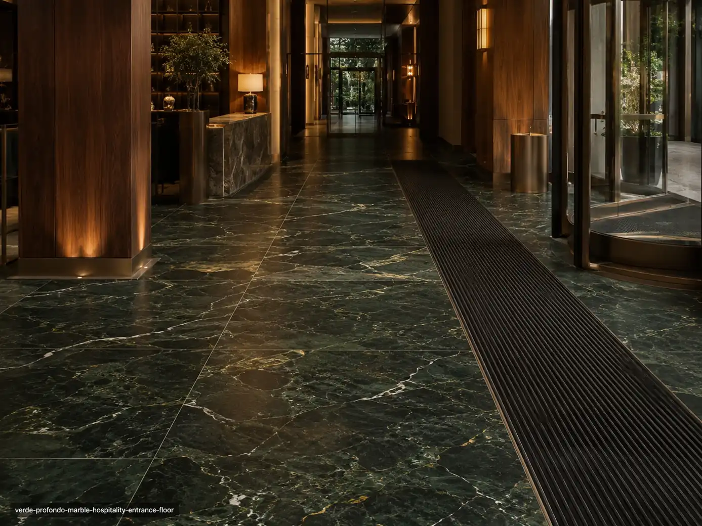 Verde Profondo Marble entrance floor with honed emerald-black slabs and restrained gold and cream veins.