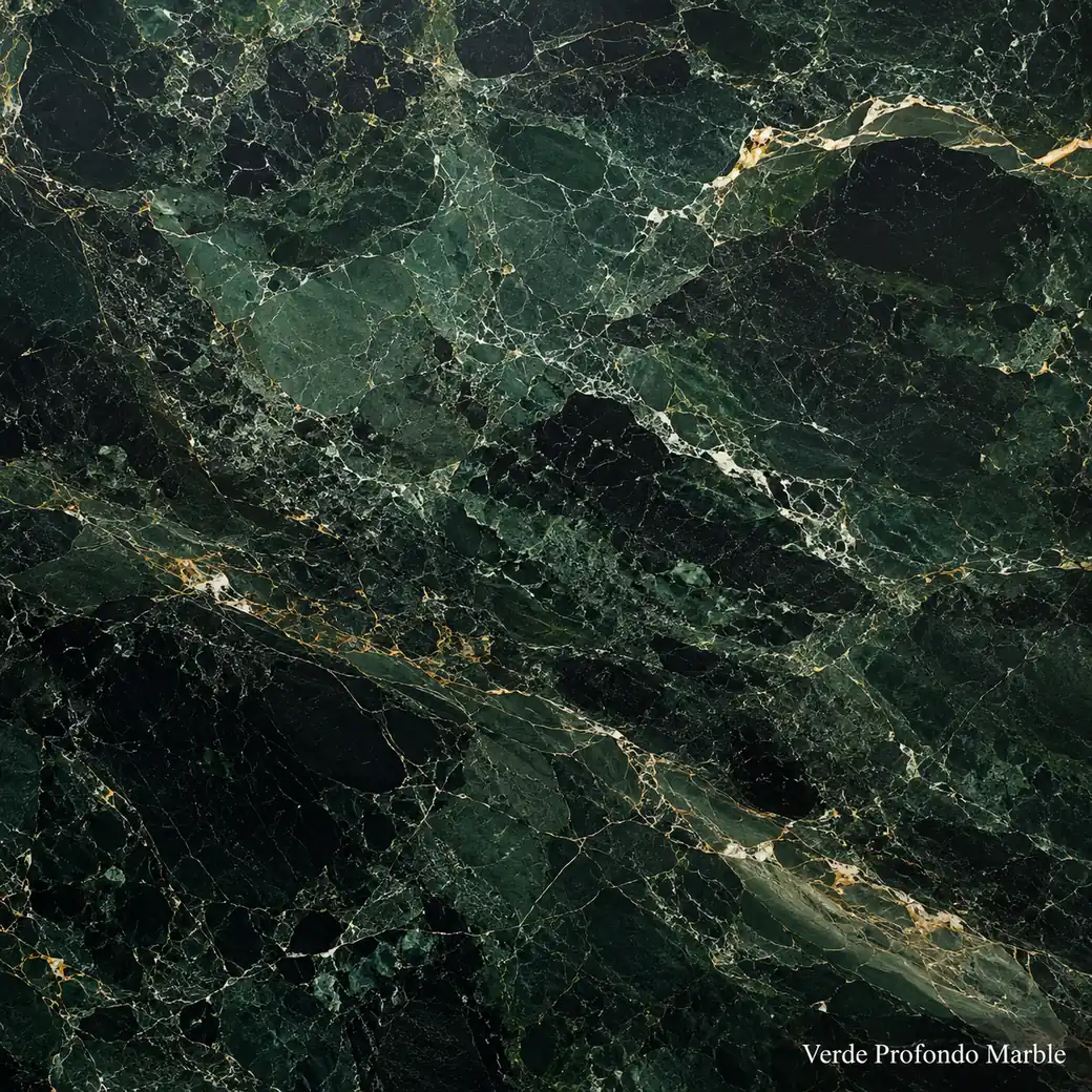 Verde Profondo Marble with profound deep green stone, fine gold threads, pale calcite and a rich jewel-like polished finish.