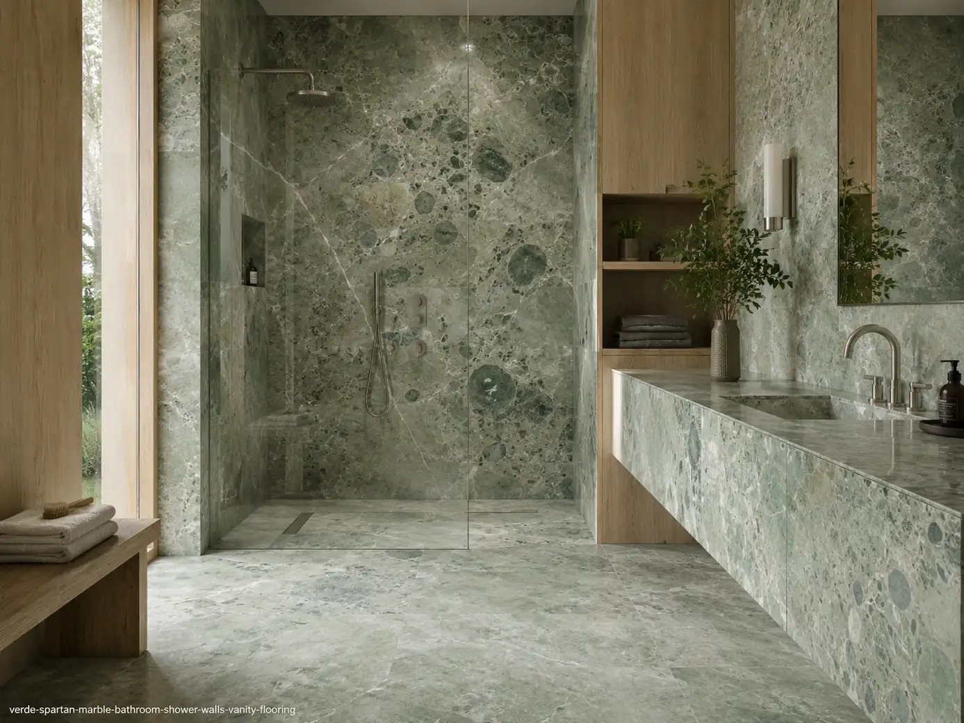 Polished classical architectural slab across shower walls, floating vanity and flooring with jade, sage and cream veins.