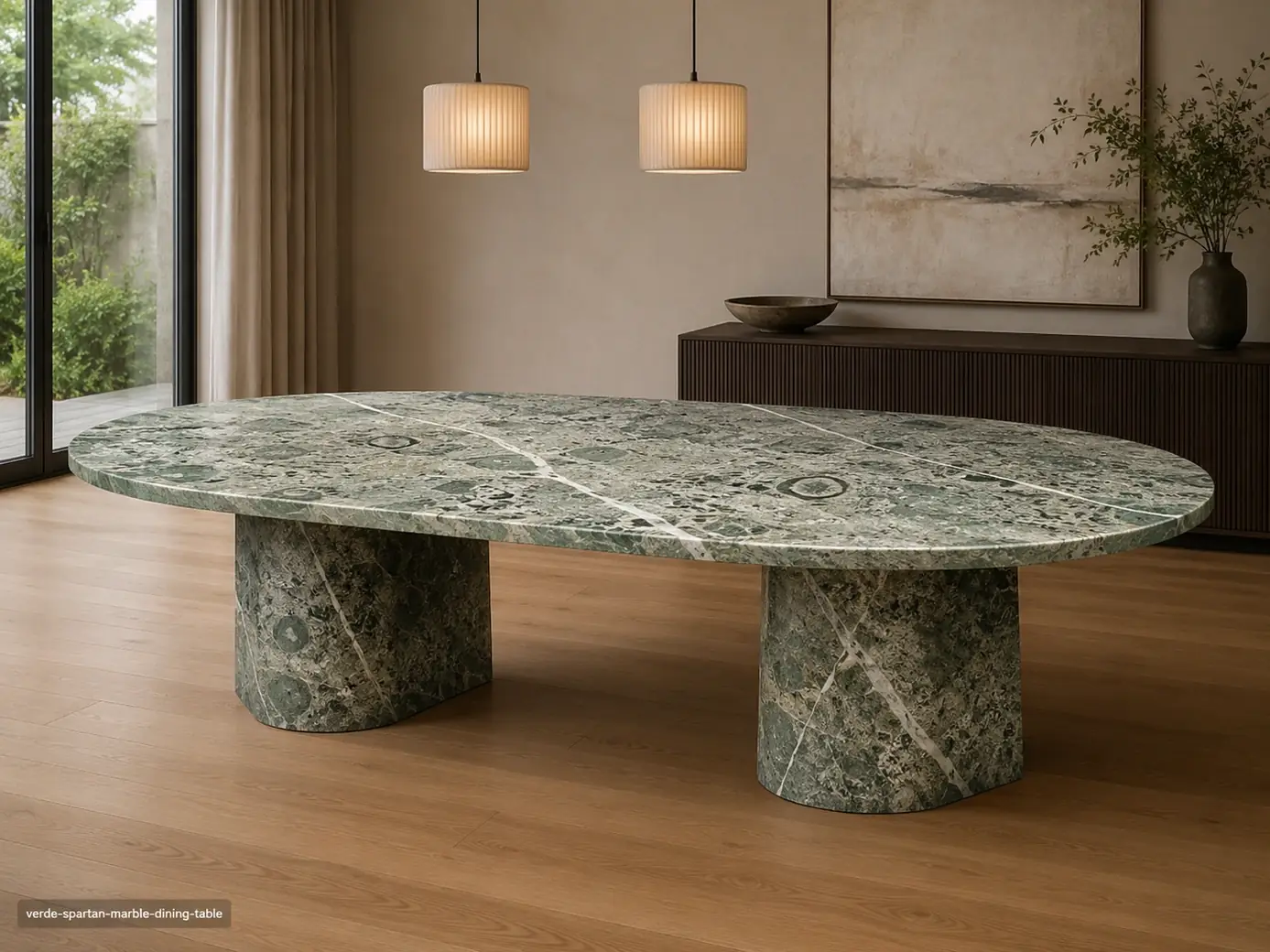 Verde Spartan Marble dining table with muted jade stone, fossil-like details and crisp white diagonal veins.
