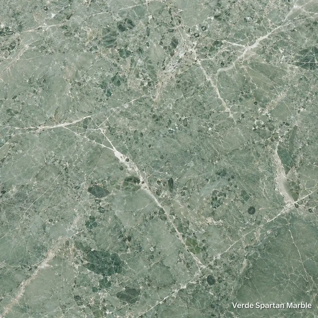 Verde Spartan Marble with strong olive green stone, cream veins, jade mottling and a smooth polished natural stone finish.