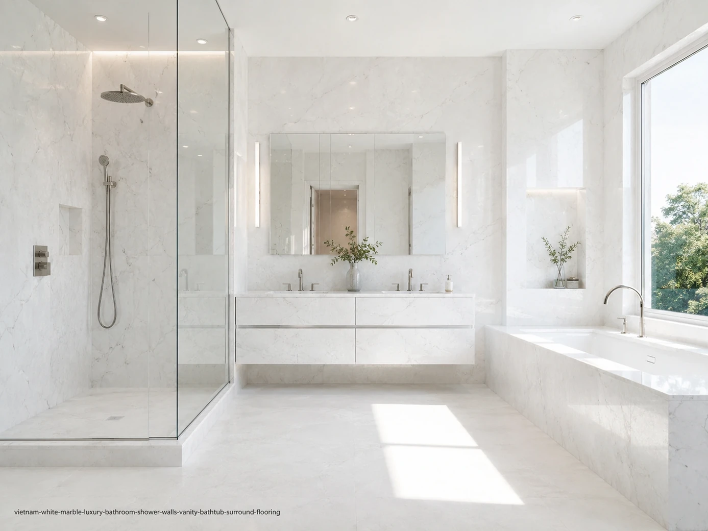 Polished luminous architectural slab across shower walls, vanity, bathtub surround and flooring with crystal-white depth.