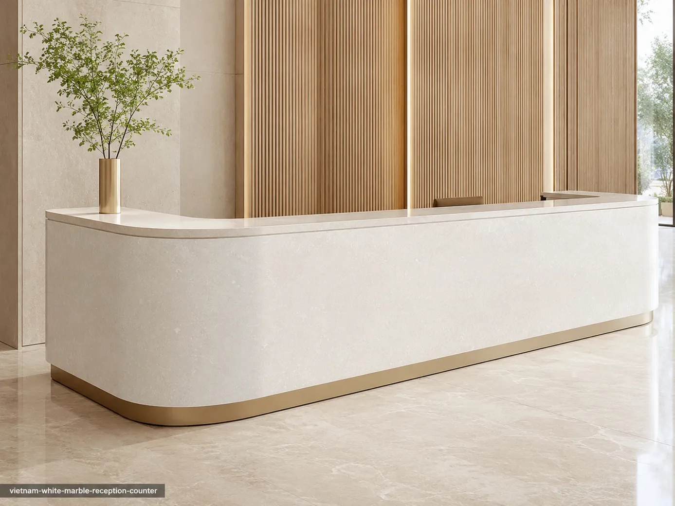 Vietnam White Marble reception counter with bright white crystalline stone and faint warm mineral traces.