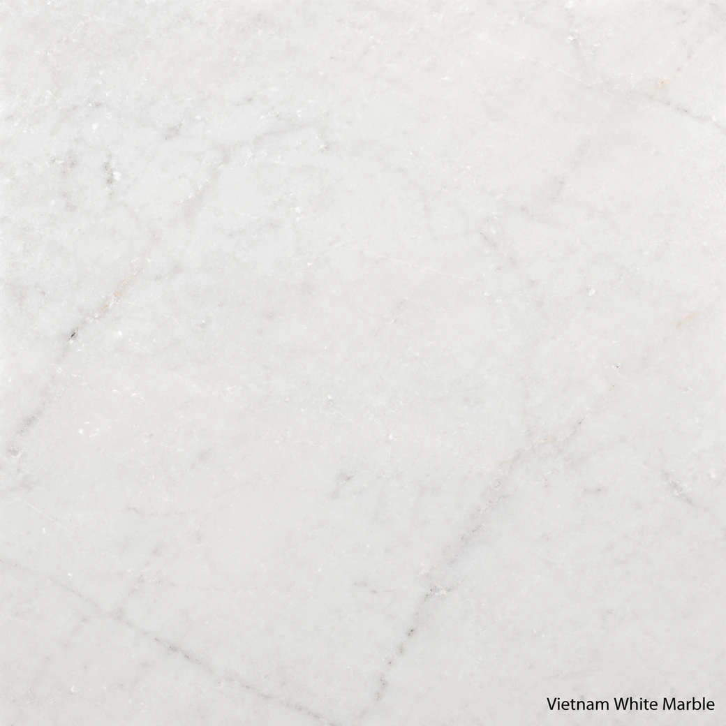 Vietnam White Marble with pure crystalline white stone, fine calcite grains, faint grey veins and a bright polished finish.