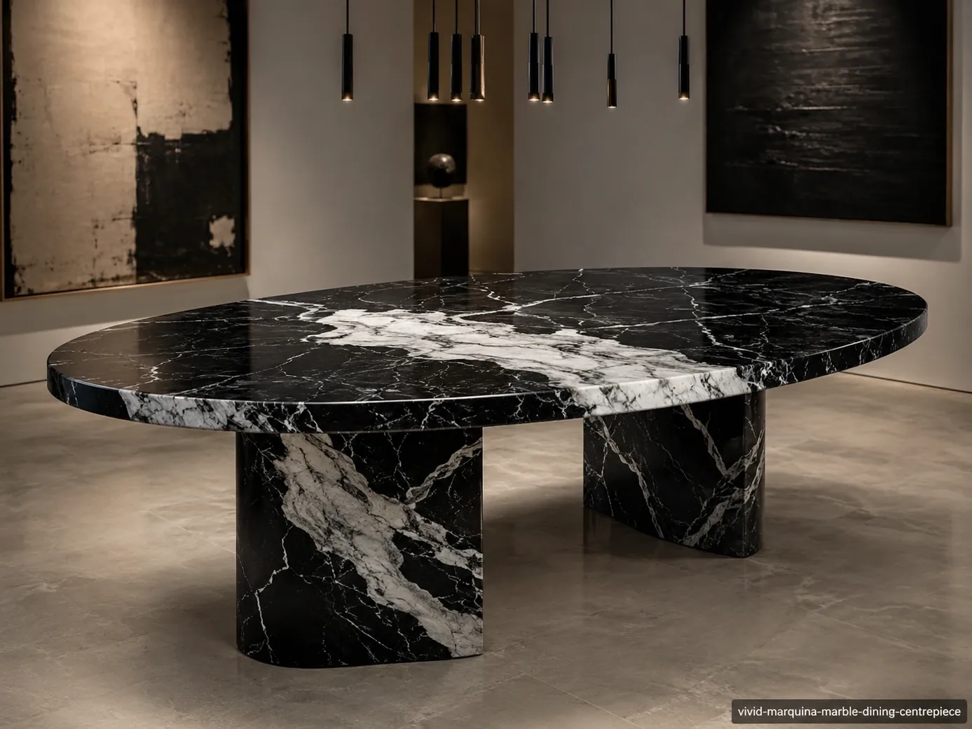 Vivid Marquina Marble dining table with jet-black stone and brilliant white lightning-like calcite formations.